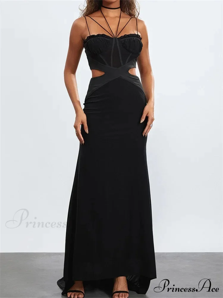 Women Black Halter Sleeveless Slim Waist Hollow Out Spaghetti Strap Evening Summer Female Vestidos - Image 3