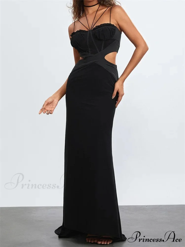 Women Black Halter Sleeveless Slim Waist Hollow Out Spaghetti Strap Evening Summer Female Vestidos - Image 4