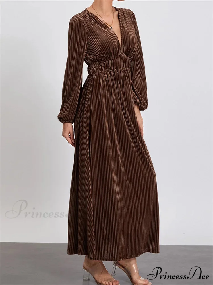 Elegant Women Spring Fall Velvet Sleeve Deep V Neck Solid Color A-Line Vintage Female Vestidos - Image 2