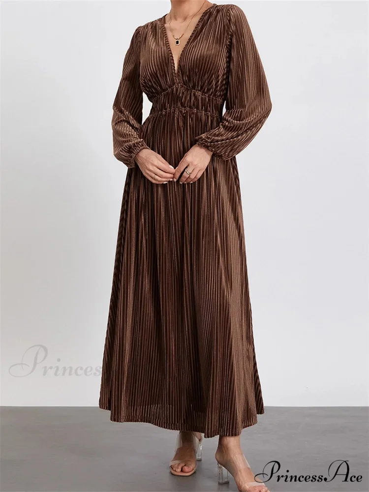 Elegant Women Spring Fall Velvet Sleeve Deep V Neck Solid Color A-Line Vintage Female Vestidos - Image 3