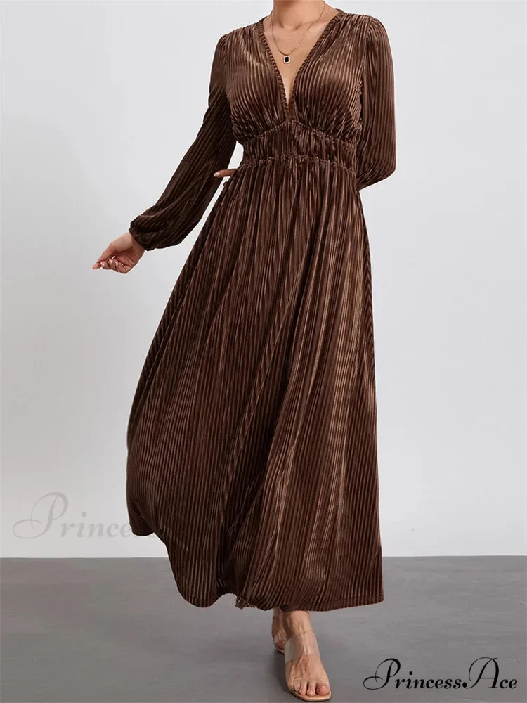 Elegant Women Spring Fall Velvet Sleeve Deep V Neck Solid Color A-Line Vintage Female Vestidos - Image 4