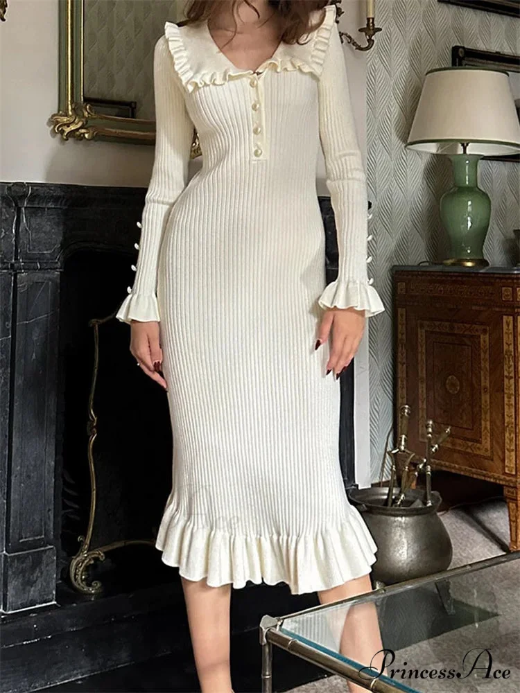 Elegant Women Knitted Sleeve Casual Solid Color Ruffles Hem Party for Beach Cocktail Club Streetwear - Image 5