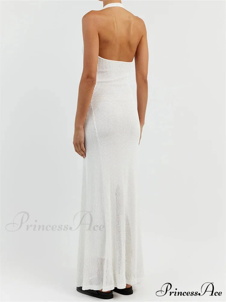 Women Bodycon Solid Deep V Neck Halter Sleeveless Backless Knitted Summer Holiday Beach Vestido - Image 2