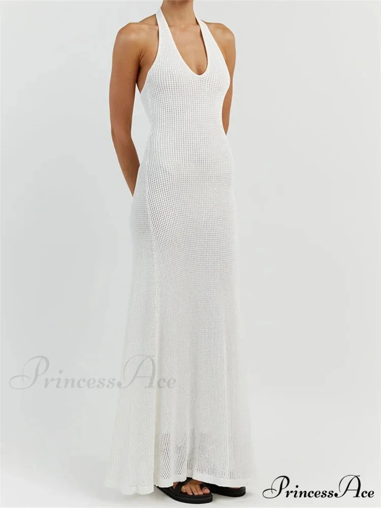 Women Bodycon Solid Deep V Neck Halter Sleeveless Backless Knitted Summer Holiday Beach Vestido - Image 3