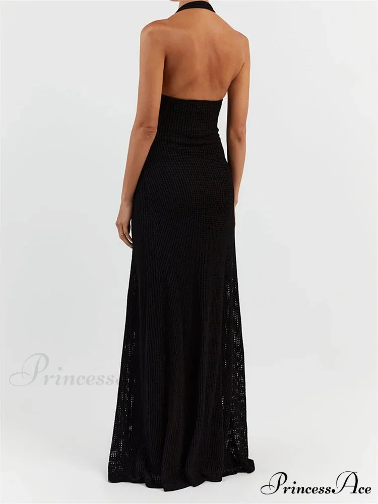 Women Bodycon Solid Deep V Neck Halter Sleeveless Backless Knitted Summer Holiday Beach Vestido - Image 4