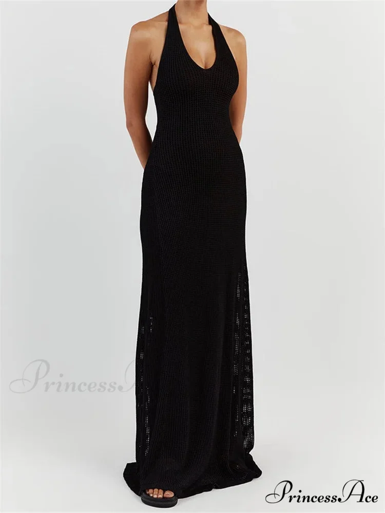 Women Bodycon Solid Deep V Neck Halter Sleeveless Backless Knitted Summer Holiday Beach Vestido - Image 5
