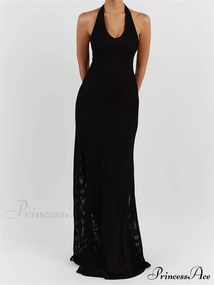 Women Bodycon Solid Deep V Neck Halter Sleeveless Backless Knitted Summer Holiday Beach Vestido - Image 6