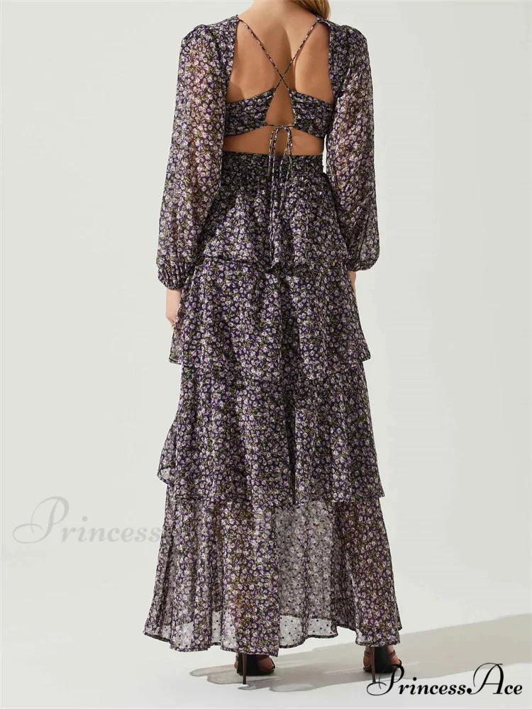 Women High Split Floral Print Puff Sleeve V Neck Layered Ruffles Hem Spring Fall Vestidos - Image 2