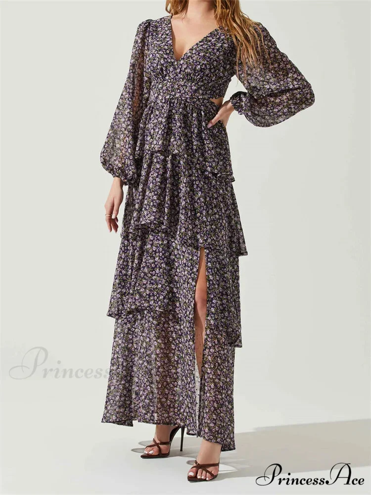 Women High Split Floral Print Puff Sleeve V Neck Layered Ruffles Hem Spring Fall Vestidos - Image 3