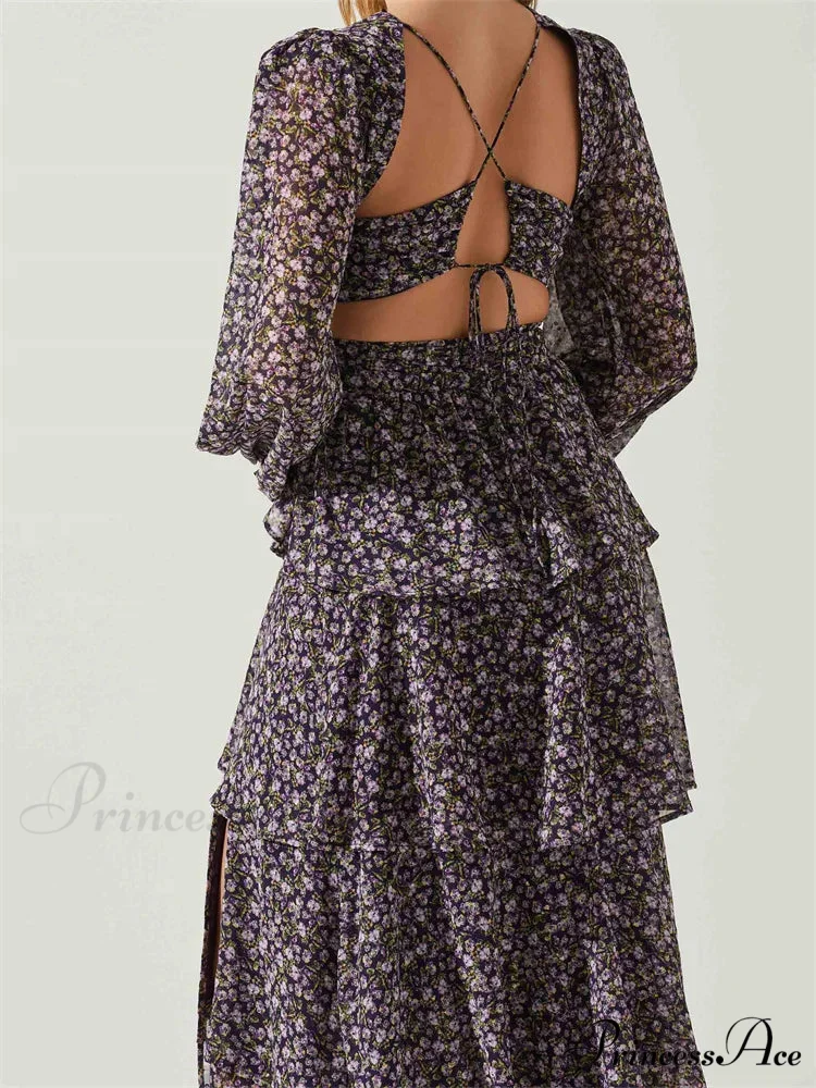 Women High Split Floral Print Puff Sleeve V Neck Layered Ruffles Hem Spring Fall Vestidos - Image 4
