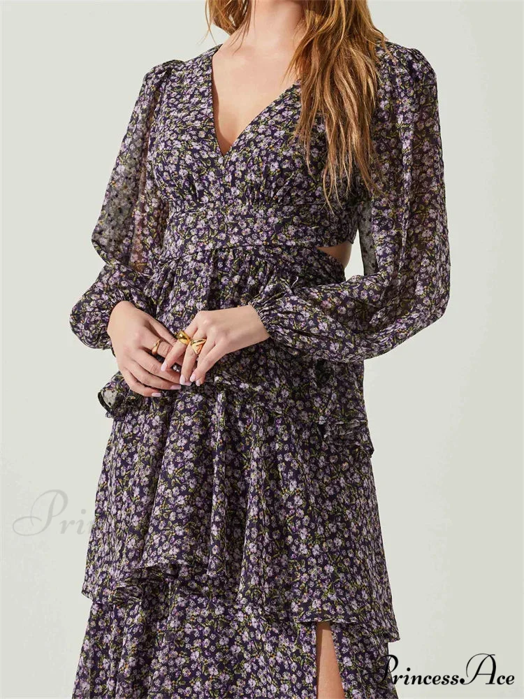 Women High Split Floral Print Puff Sleeve V Neck Layered Ruffles Hem Spring Fall Vestidos - Image 5