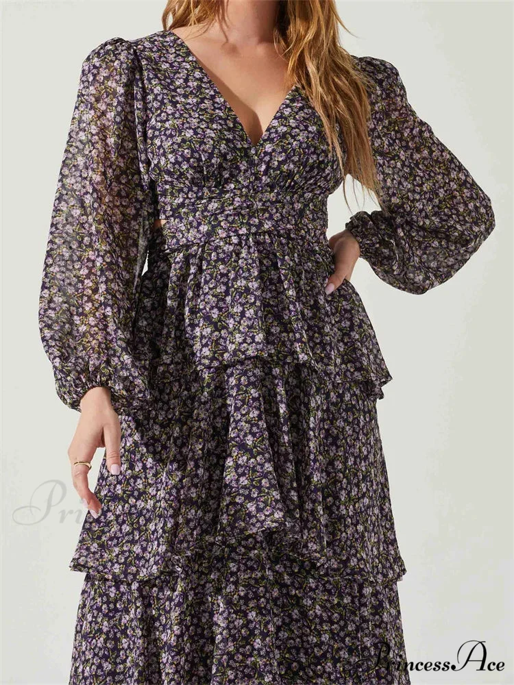Women High Split Floral Print Puff Sleeve V Neck Layered Ruffles Hem Spring Fall Vestidos - Image 6