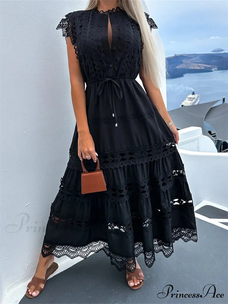 Women Lace Hollow Out Sleeve Front Buttons Up V-Neck Patchwork Loose Party Female Vestidos - Image 3