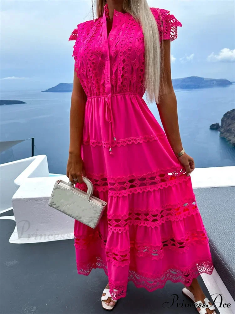 Women Lace Hollow Out Sleeve Front Buttons Up V-Neck Patchwork Loose Party Female Vestidos - Image 6