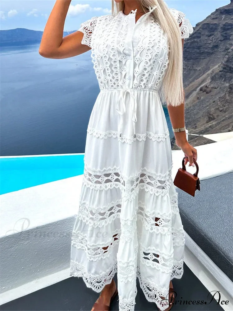Women Lace Hollow Out Sleeve Front Buttons Up V-Neck Patchwork Loose Party Female Vestidos - Image 7