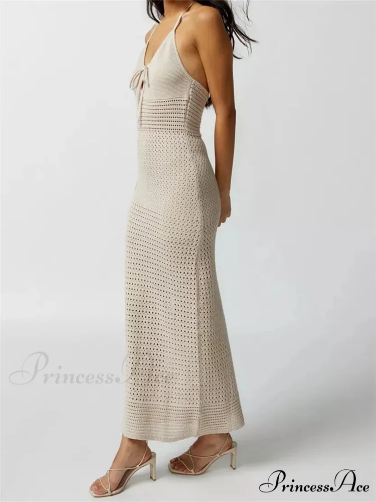 Women Knitted Sleeveless Halter Tie-up Backless Hollow Out Summer Off Shoulder Beach Female Vestidos - Image 2