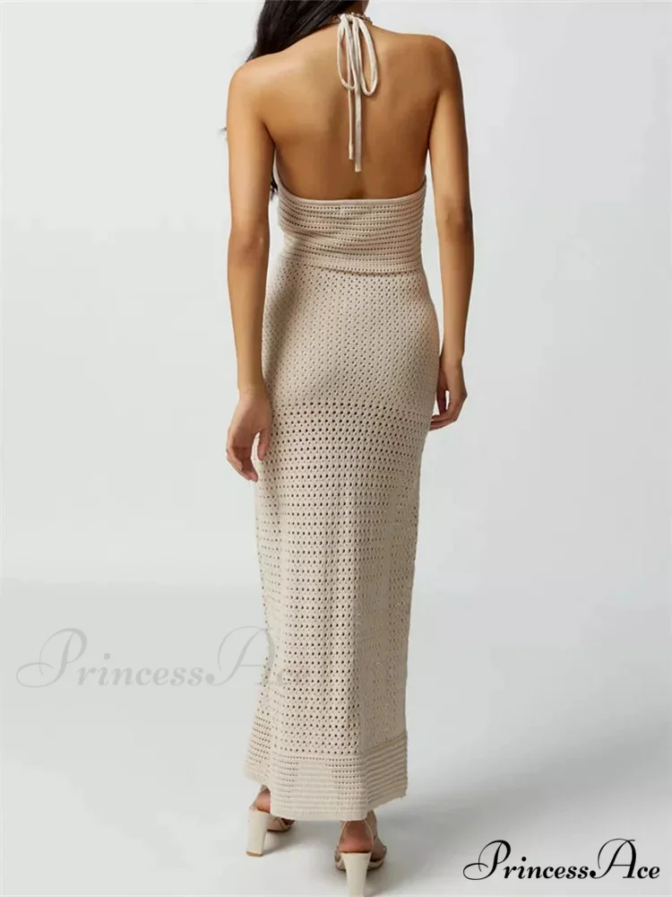 Women Knitted Sleeveless Halter Tie-up Backless Hollow Out Summer Off Shoulder Beach Female Vestidos - Image 3
