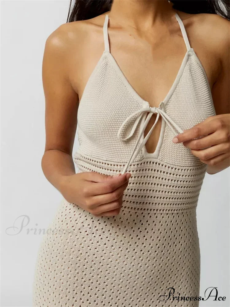 Women Knitted Sleeveless Halter Tie-up Backless Hollow Out Summer Off Shoulder Beach Female Vestidos - Image 4