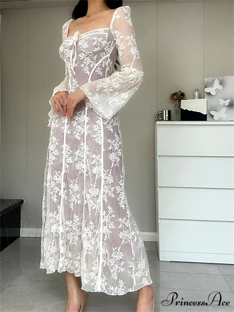 Women Lace Flower Flare Sleeve Square Neck Tie-up Spring Fall Solid Party Female Vestidos - Image 2