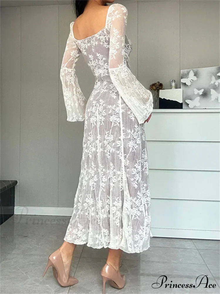 Women Lace Flower Flare Sleeve Square Neck Tie-up Spring Fall Solid Party Female Vestidos - Image 3