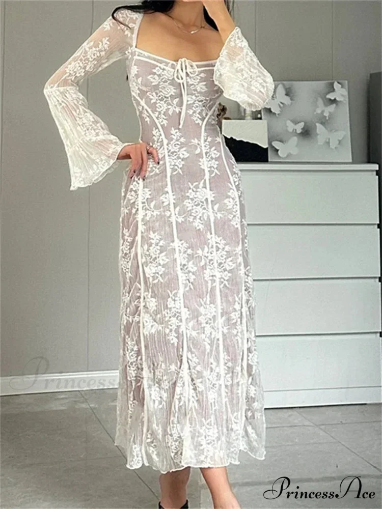 Women Lace Flower Flare Sleeve Square Neck Tie-up Spring Fall Solid Party Female Vestidos - Image 4
