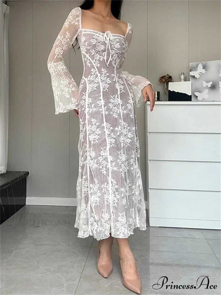 Women Lace Flower Flare Sleeve Square Neck Tie-up Spring Fall Solid Party Female Vestidos - Image 5