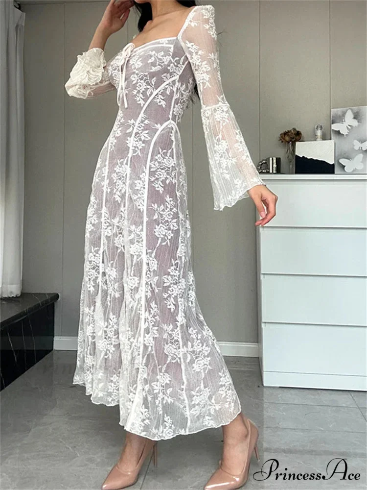 Women Lace Flower Flare Sleeve Square Neck Tie-up Spring Fall Solid Party Female Vestidos - Image 6