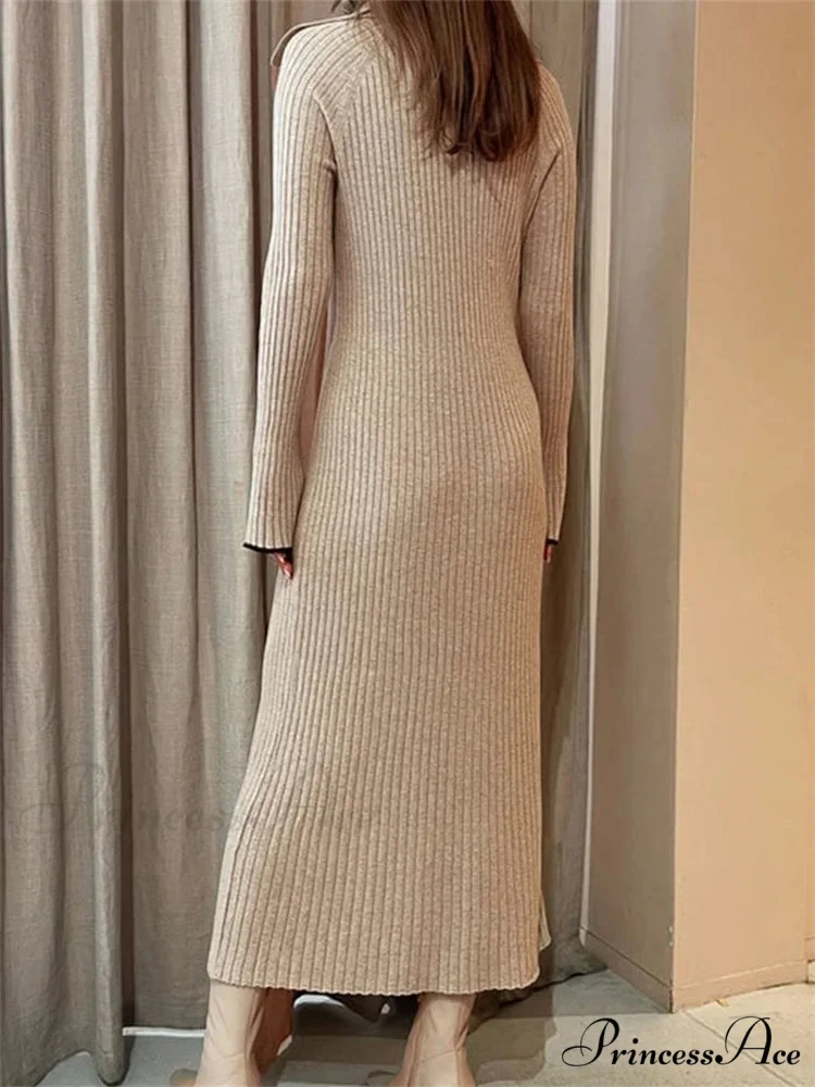 Women Ribbed Knitted Flare Sleeve Lapel Solid Color Party Going Out Female Vestidos Streetwear - Image 2
