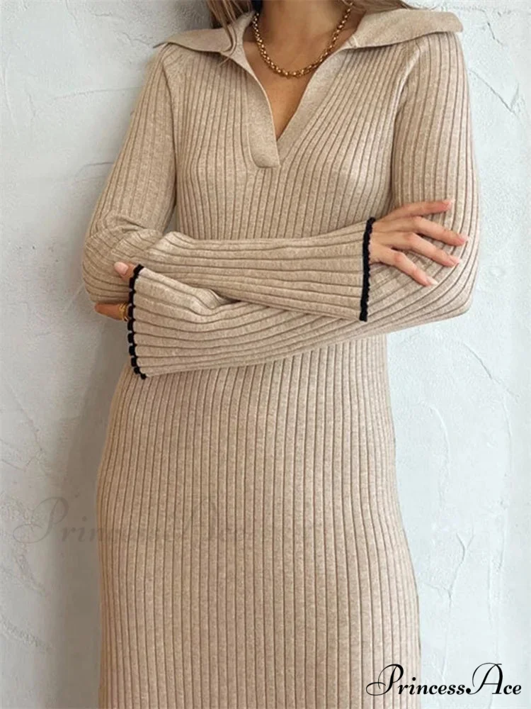 Women Ribbed Knitted Flare Sleeve Lapel Solid Color Party Going Out Female Vestidos Streetwear - Image 3