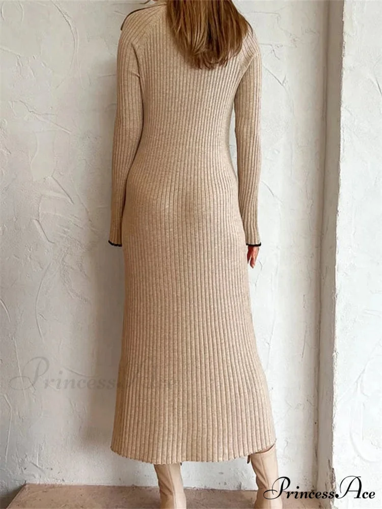 Women Ribbed Knitted Flare Sleeve Lapel Solid Color Party Going Out Female Vestidos Streetwear - Image 4