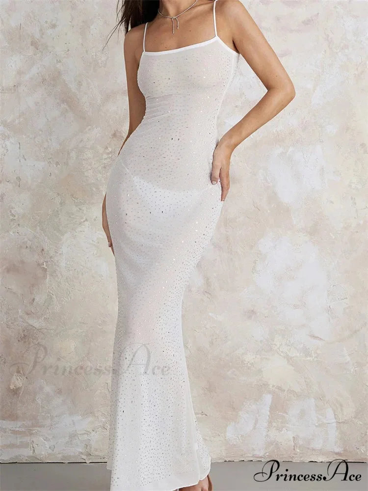 Sexy Women Sleeveless Strap Slim Sparkle Rhinestone Low Cut Trumpet Summer Party Female Vestido - Image 3