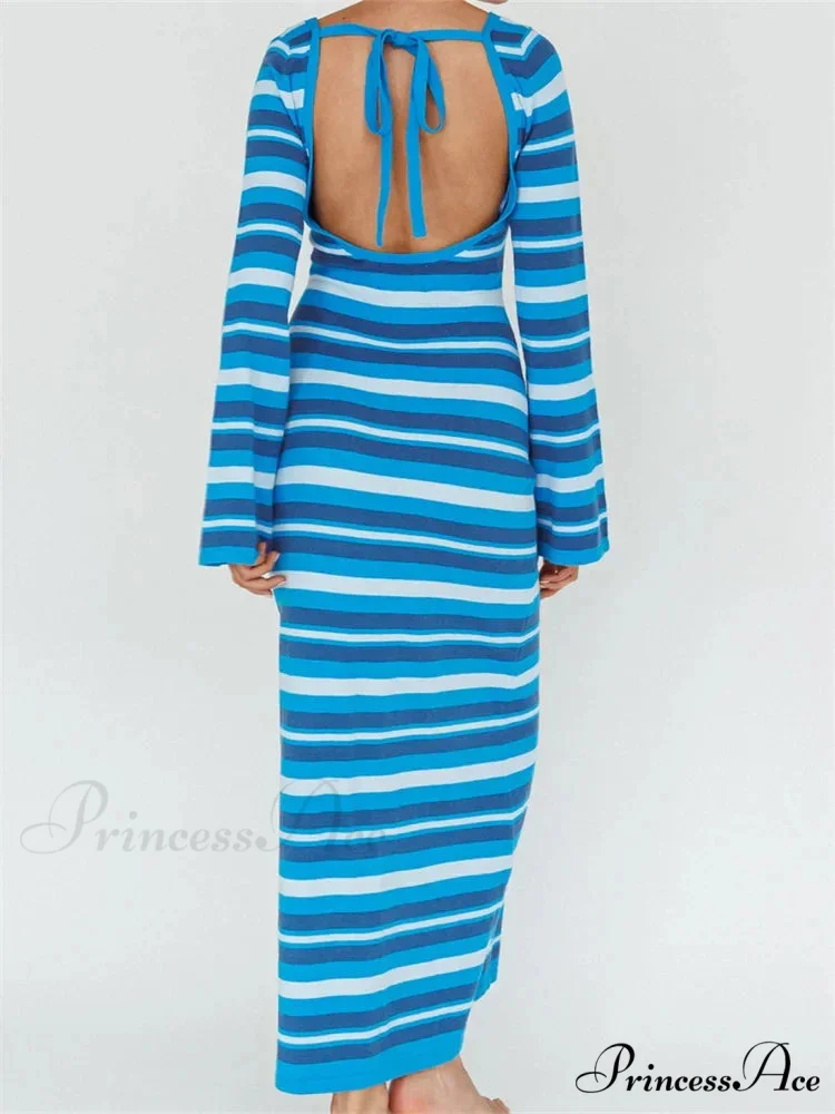 Sexy Women Knitted Sleeve Crew Neck Backless Tie-up Striped Print Slim Fit Spring Fall Vestidos - Image 2