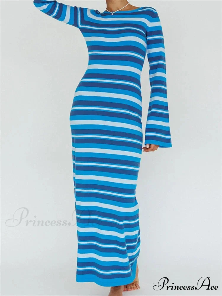 Sexy Women Knitted Sleeve Crew Neck Backless Tie-up Striped Print Slim Fit Spring Fall Vestidos - Image 3