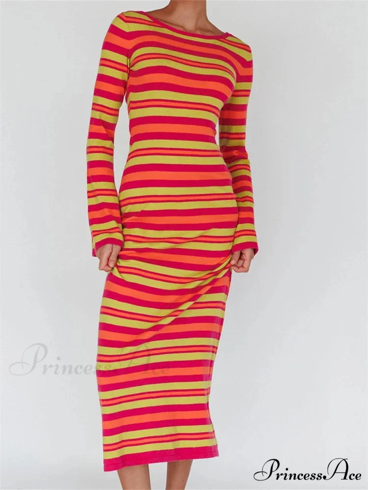 Sexy Women Knitted Sleeve Crew Neck Backless Tie-up Striped Print Slim Fit Spring Fall Vestidos - Image 4