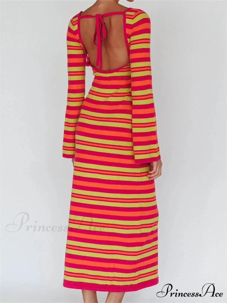 Sexy Women Knitted Sleeve Crew Neck Backless Tie-up Striped Print Slim Fit Spring Fall Vestidos - Image 5