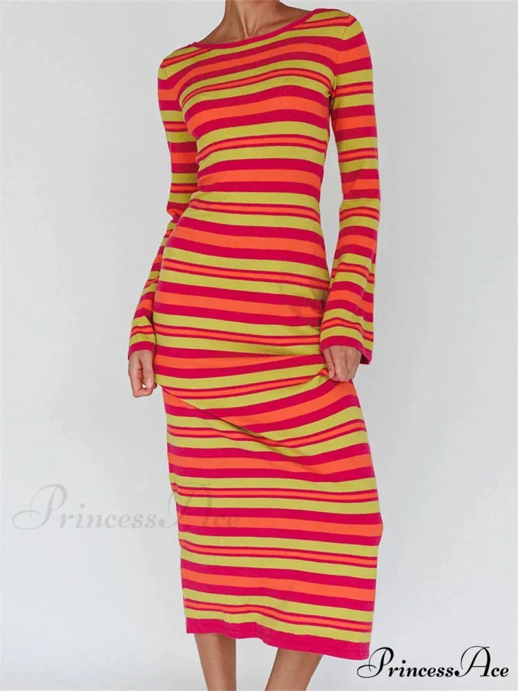 Sexy Women Knitted Sleeve Crew Neck Backless Tie-up Striped Print Slim Fit Spring Fall Vestidos - Image 6