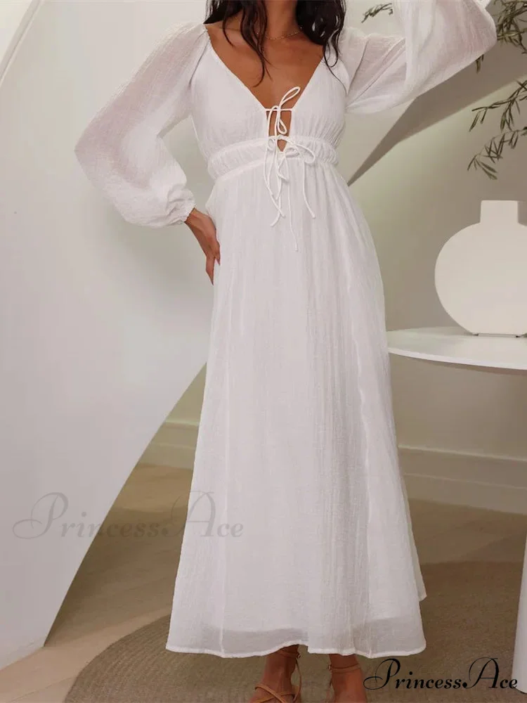 Elegant Women Mesh See Through Lantern Sleeve Deep V-neck Solid White High Waist Party Beach Vestidos - Image 2