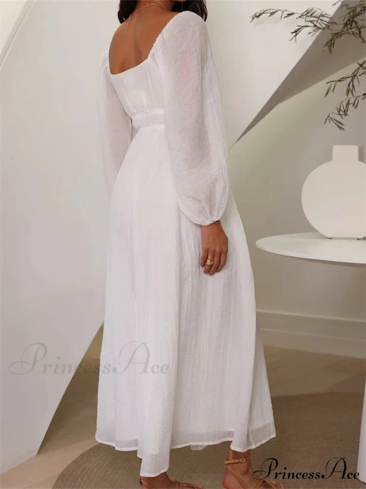 Elegant Women Mesh See Through Lantern Sleeve Deep V-neck Solid White High Waist Party Beach Vestidos - Image 3