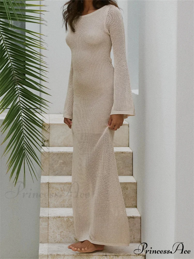 Women Autumn Knitted Solid Sleeve Round Neck Backless Tie-Up Slim Party Beach Female Vestidos - Image 2