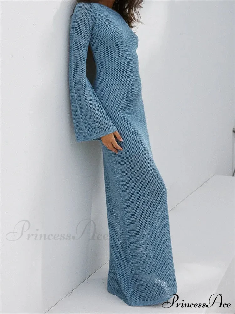 Women Autumn Knitted Solid Sleeve Round Neck Backless Tie-Up Slim Party Beach Female Vestidos - Image 4