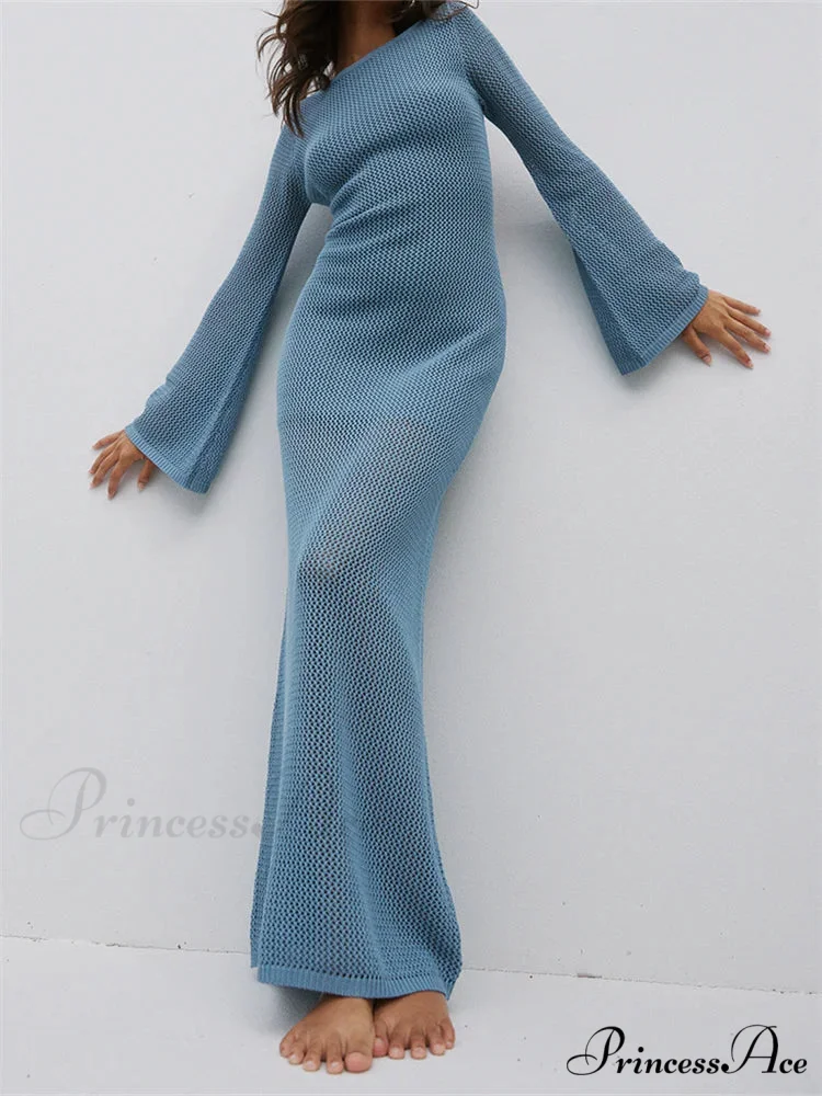 Women Autumn Knitted Solid Sleeve Round Neck Backless Tie-Up Slim Party Beach Female Vestidos - Image 5