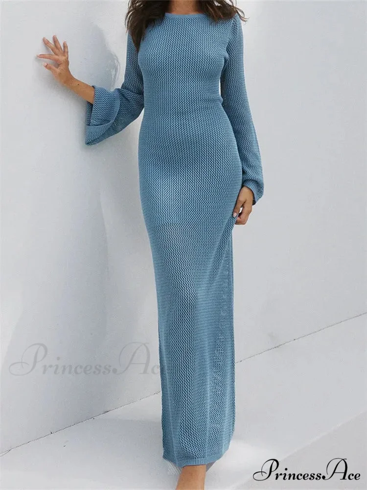Women Autumn Knitted Solid Sleeve Round Neck Backless Tie-Up Slim Party Beach Female Vestidos - Image 6
