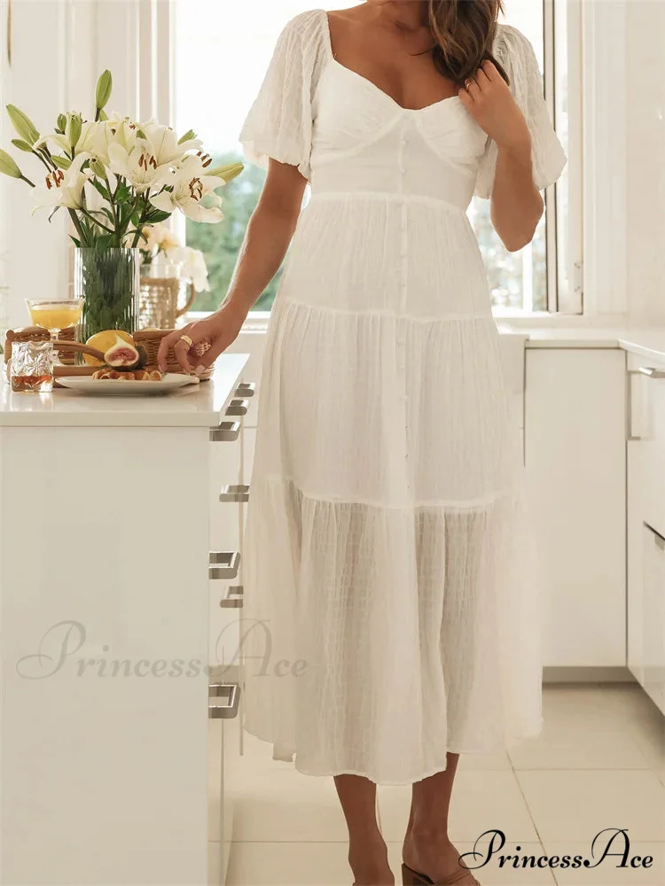 Elegant Women A-Line Short Puff Sleeve V Neck Back Tie-up Knotted Summer Party Female Vestidos - Image 2