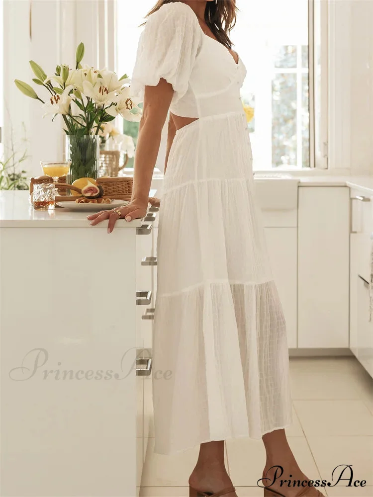 Elegant Women A-Line Short Puff Sleeve V Neck Back Tie-up Knotted Summer Party Female Vestidos - Image 3