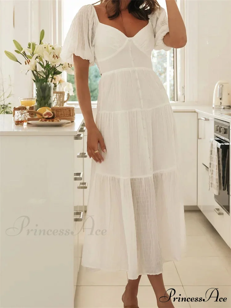 Elegant Women A-Line Short Puff Sleeve V Neck Back Tie-up Knotted Summer Party Female Vestidos - Image 4