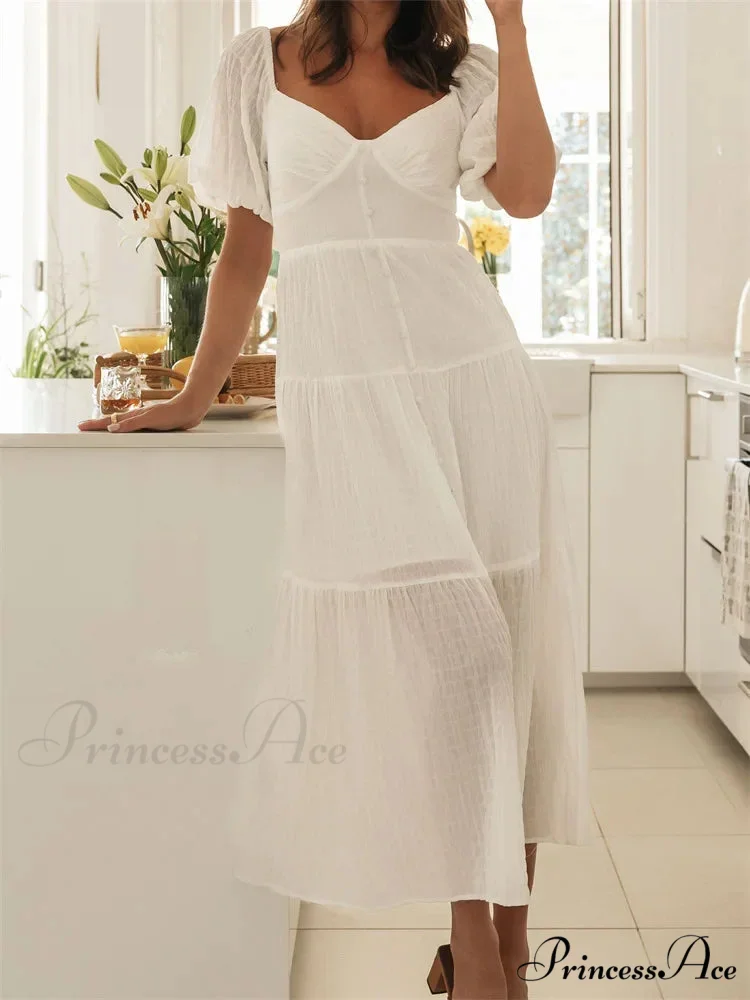 Elegant Women A-Line Short Puff Sleeve V Neck Back Tie-up Knotted Summer Party Female Vestidos - Image 5