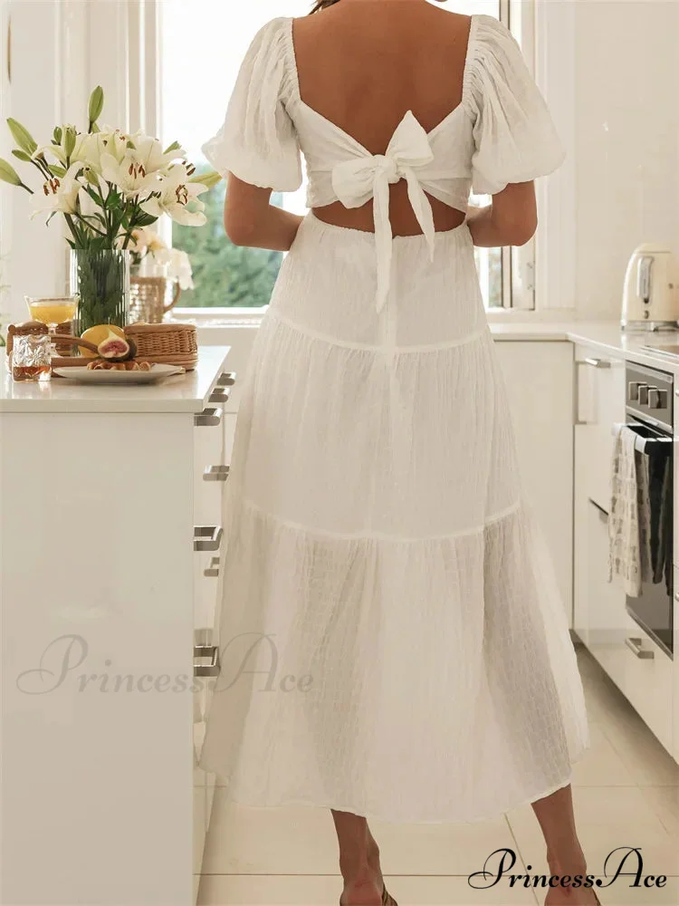 Elegant Women A-Line Short Puff Sleeve V Neck Back Tie-up Knotted Summer Party Female Vestidos - Image 6