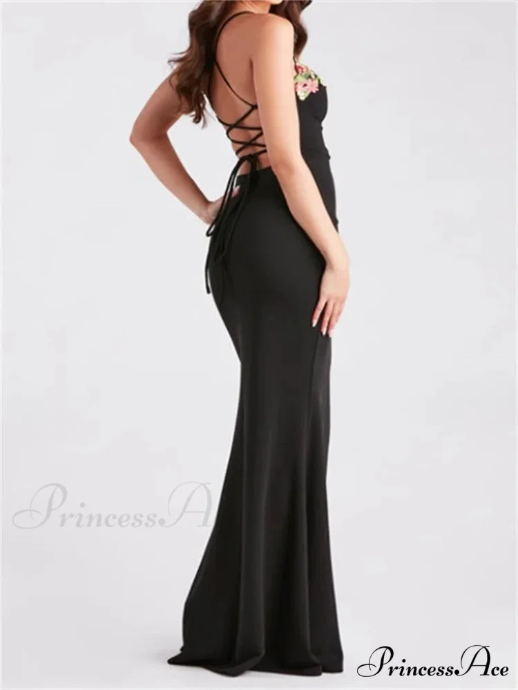 Women Slim Sling High Split Flower Embroidery Sleeveless Spaghetti Strap Summer Party Club Vestidos - Image 2