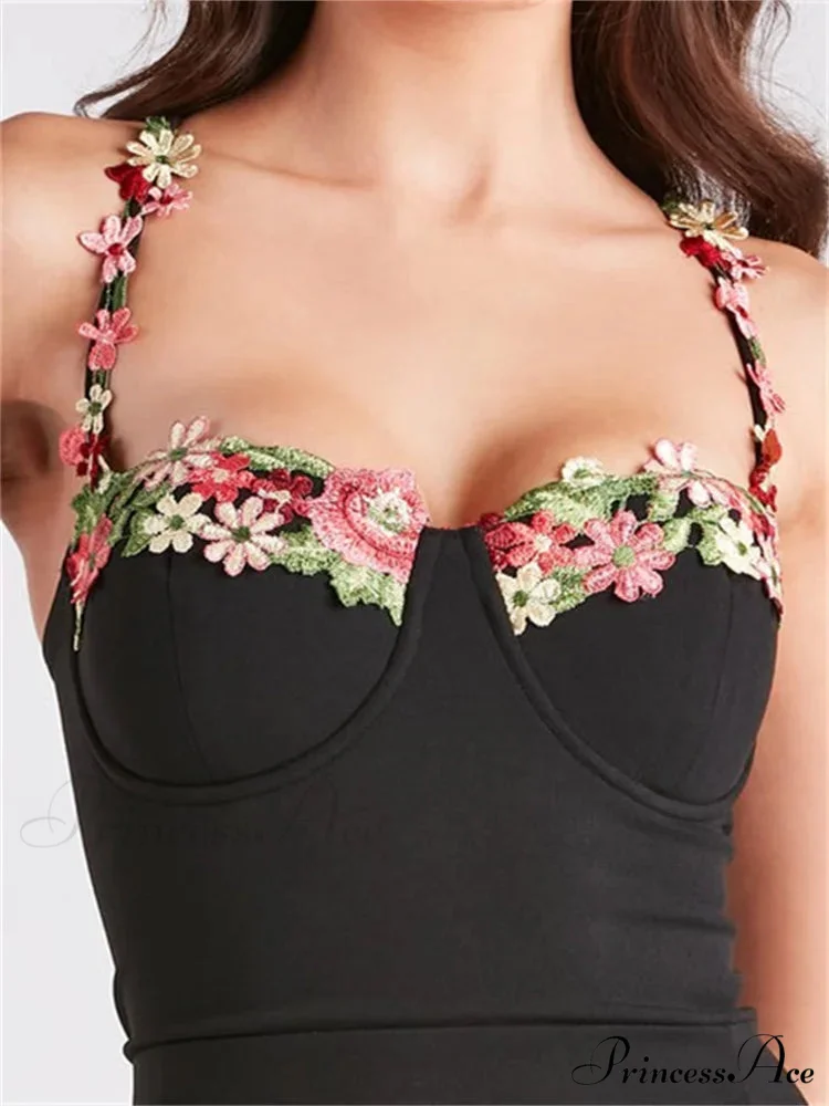 Women Slim Sling High Split Flower Embroidery Sleeveless Spaghetti Strap Summer Party Club Vestidos - Image 4
