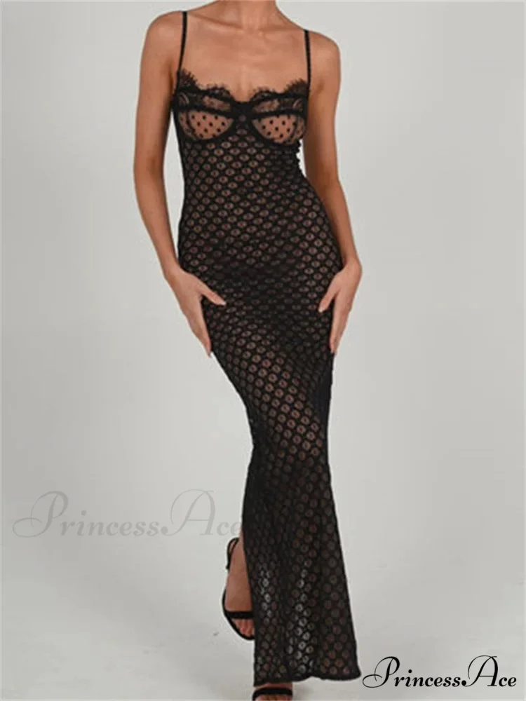 Lace Floral for Women Sexy Sleeveless Strap See Through Evening Cocktail Back Split Black Vestidos - Image 2